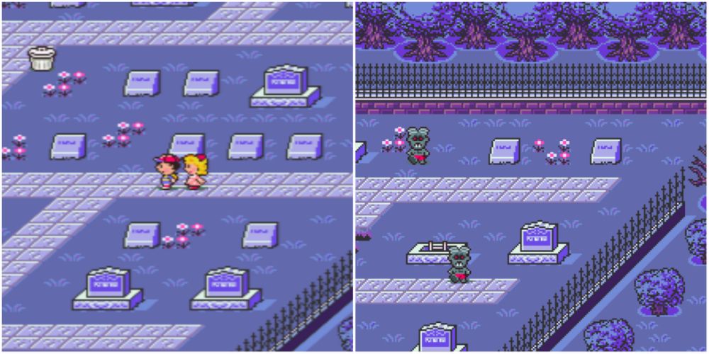Split image screenshots of Ness and Paula in the Threed graveyard and zombies in the graveyard in Earthbound.