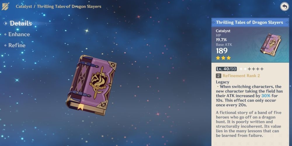 Thrilling Tales of Dragon Slayers catalyst description in Genshin Impact.
