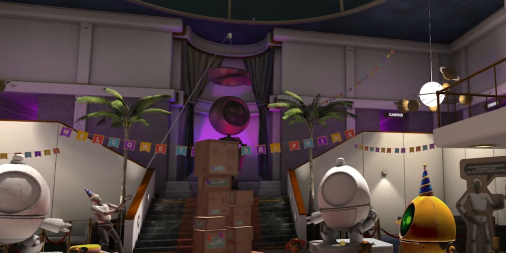 A Robot stands next to a staircase, while boxes are stacked on the stairs in Time Stall VR