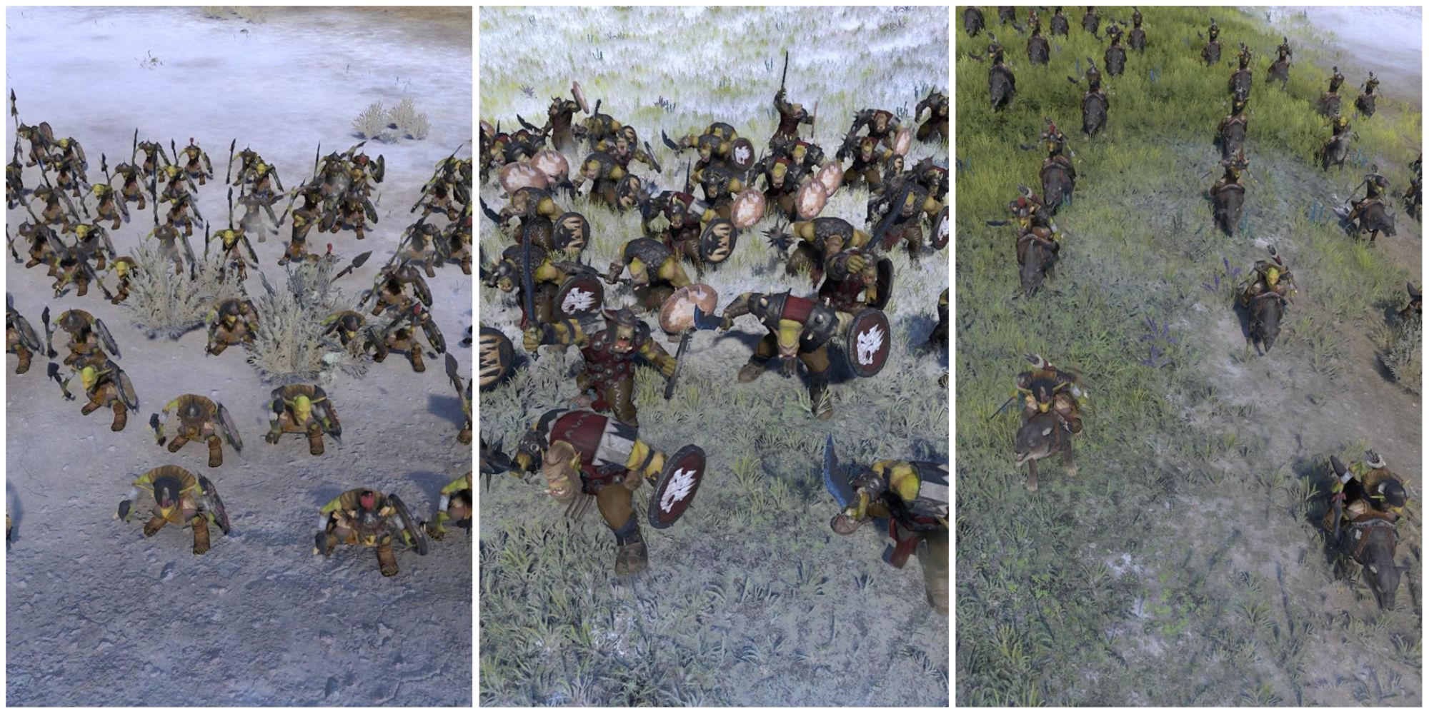 Goblins, Orc Boyz, and Goblin Wolf Rider Archers in Total War: Warhammer 3.
