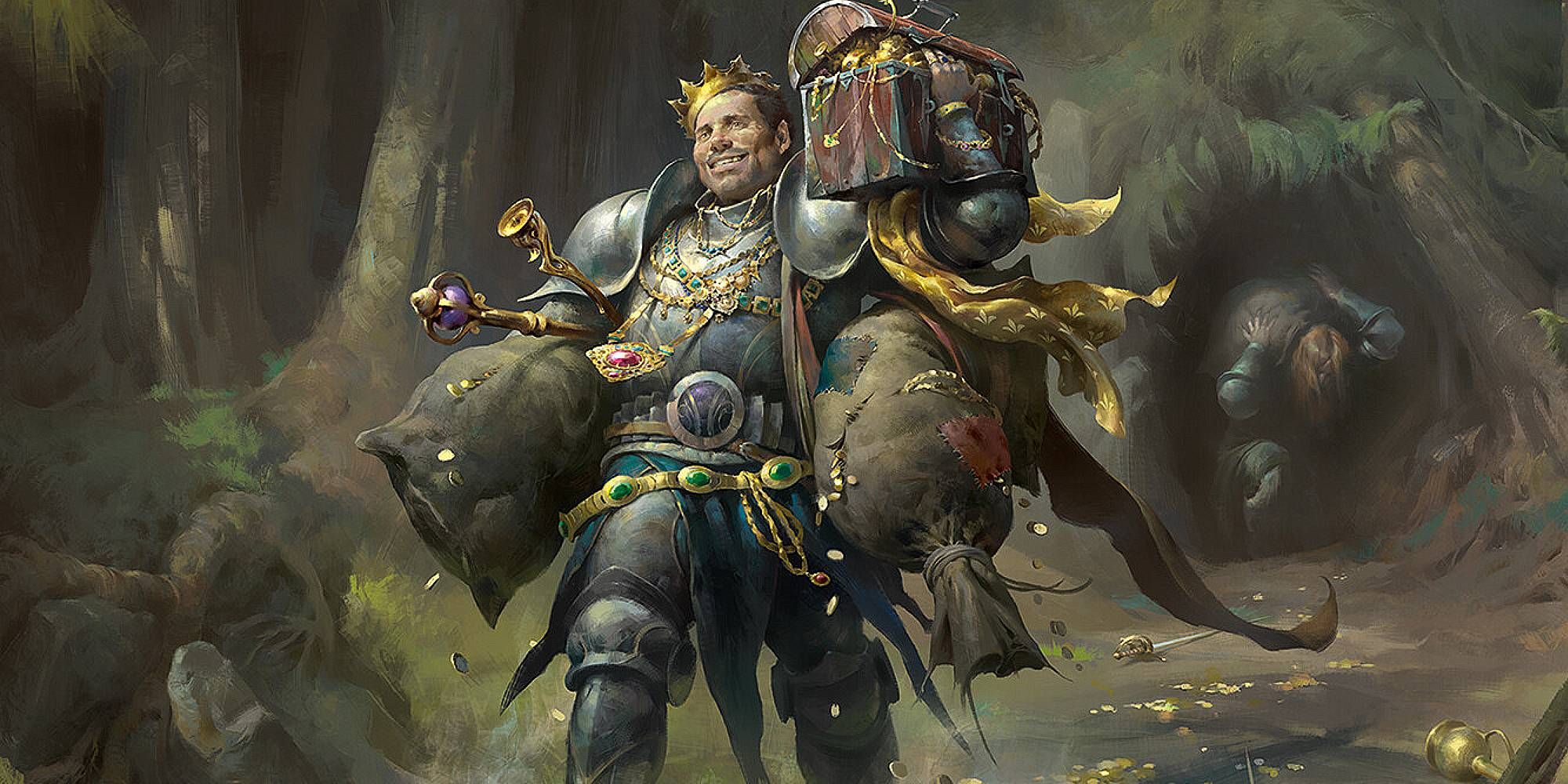 A bulky older man donned in armour, is bedazzled in jewllery and carries sacks of gold with a treasure chest on their shoulder