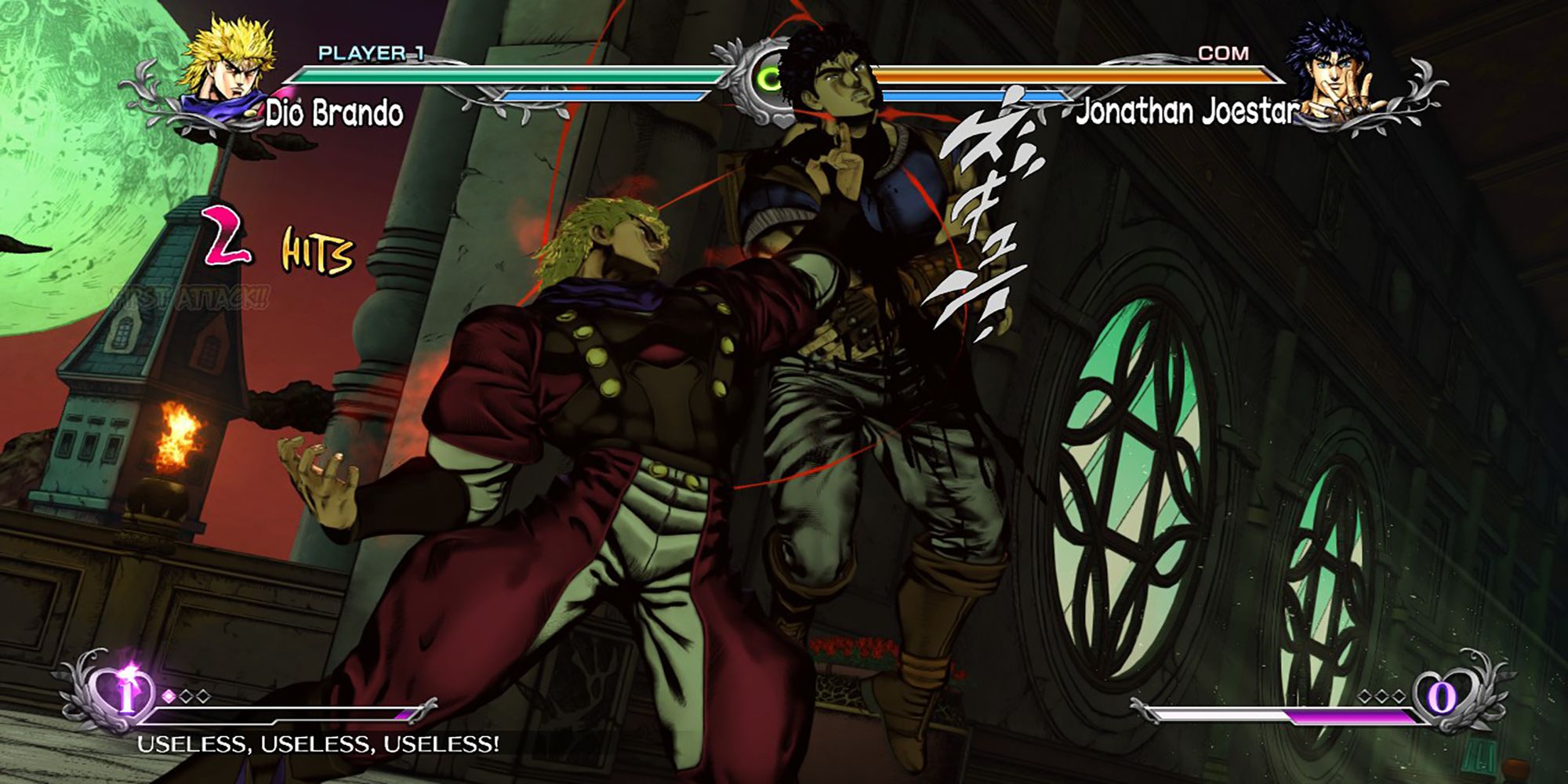 Dio Brando drains H.H. Gauge from Jonathan Joestar during a battle inside Dio's Castle in JoJo's Bizarre Adventure ASBR.