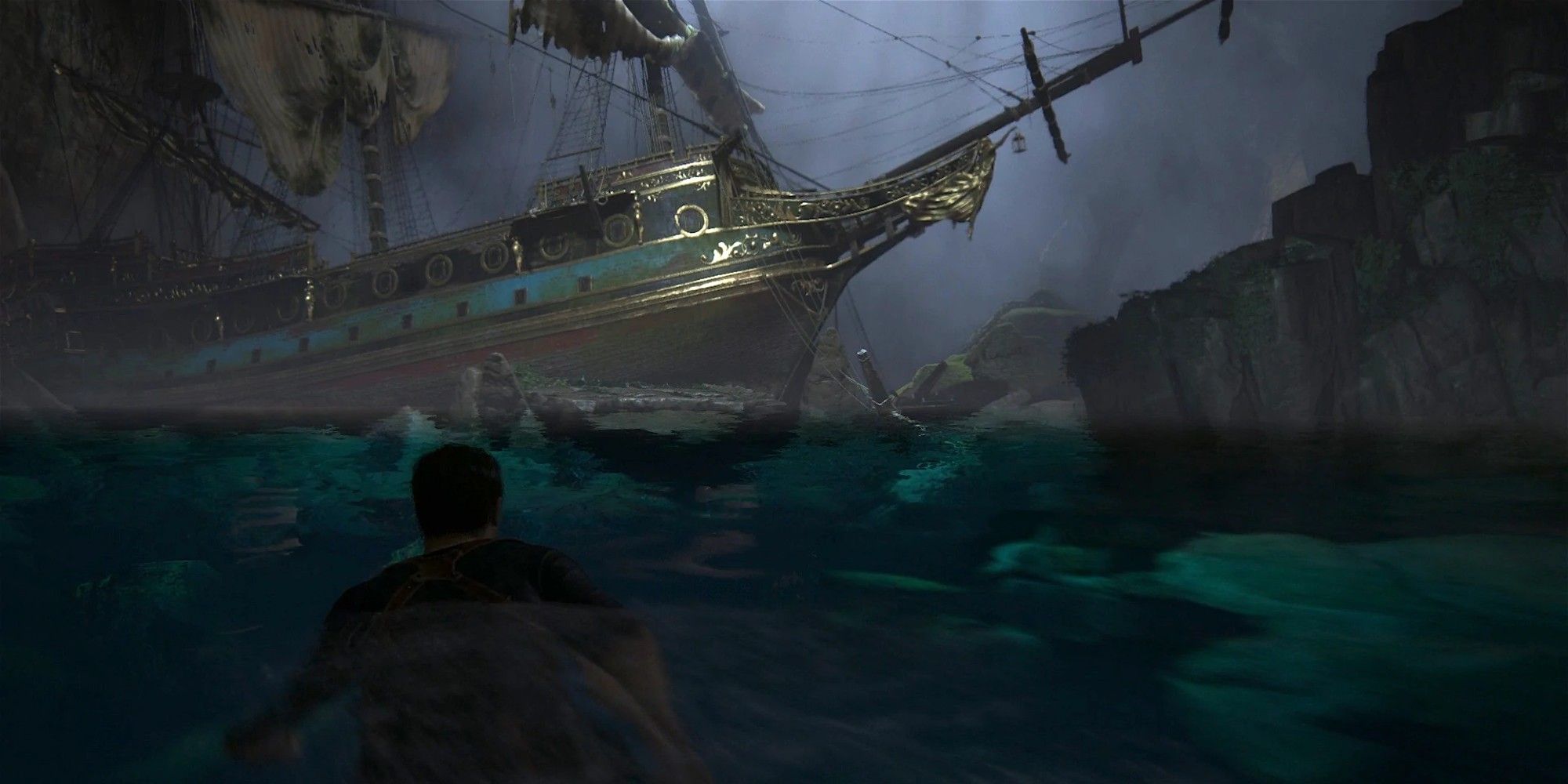 Uncharted Easter Eggs Pirate Ships, Nate swimming towards the ship