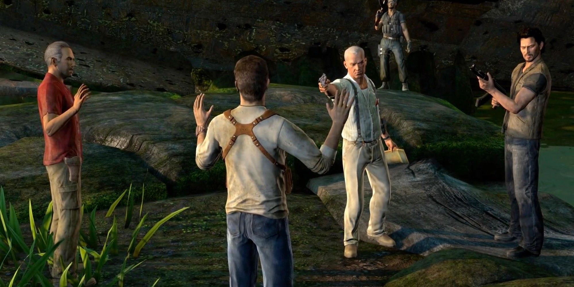 Uncharted Easter Eggs Gabriel Roman pointing a gun at Nate 