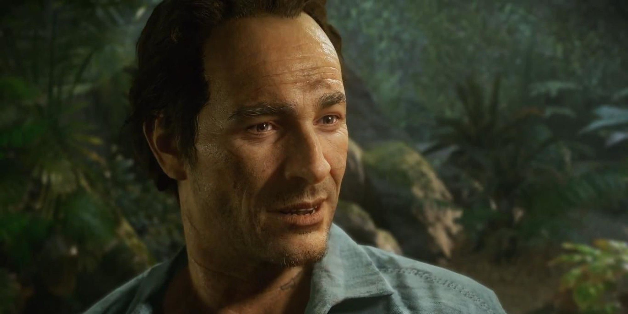 Uncharted Easter Eggs Sam Drake from Uncharted 4, standing in a forest, looking suspicious