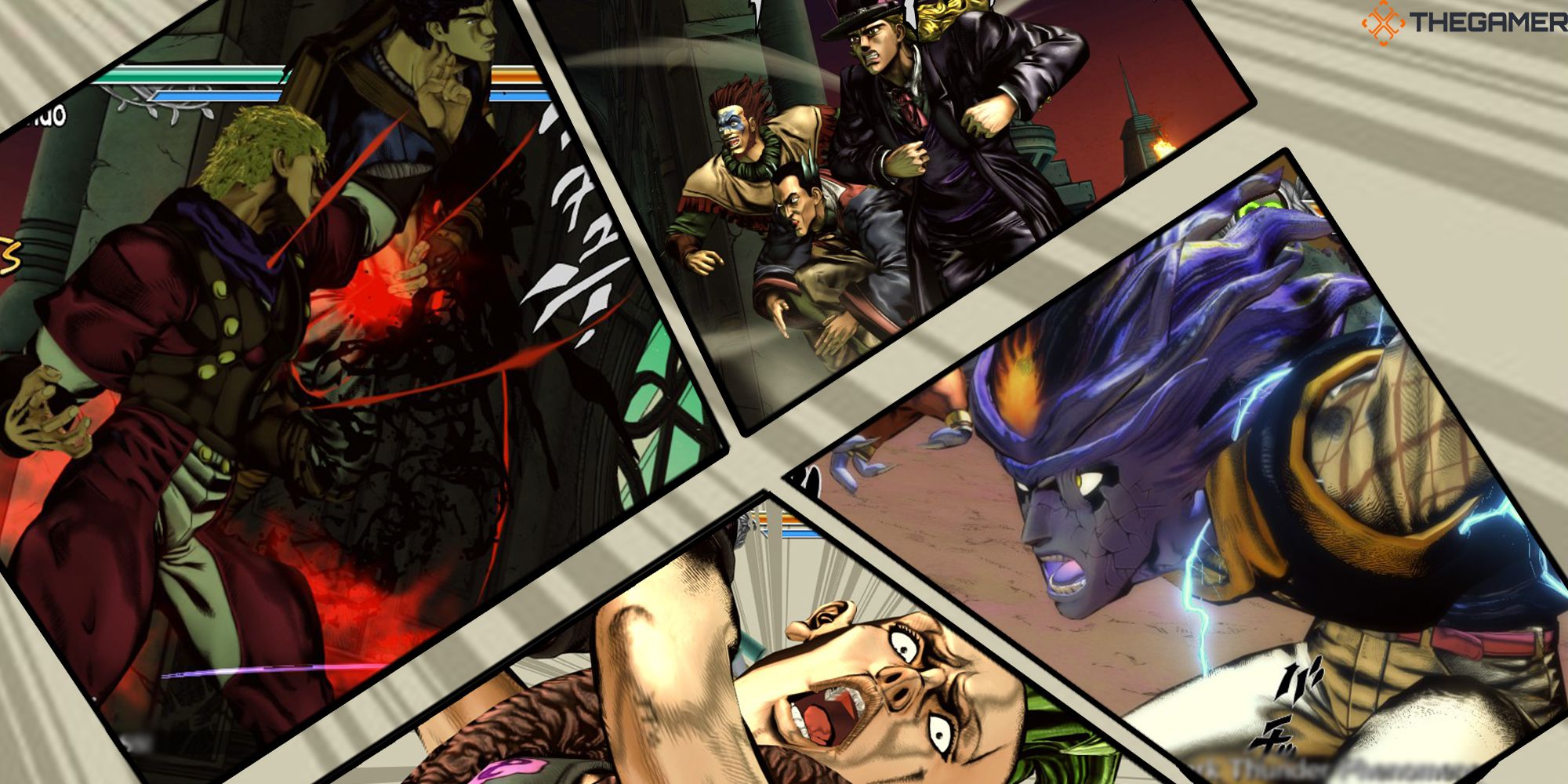 Four separate manga panels feature Vampirism, Bro And Mammoni, Ogre Street, and Boah styles from JoJo's Bizarre Adventure ASBR.