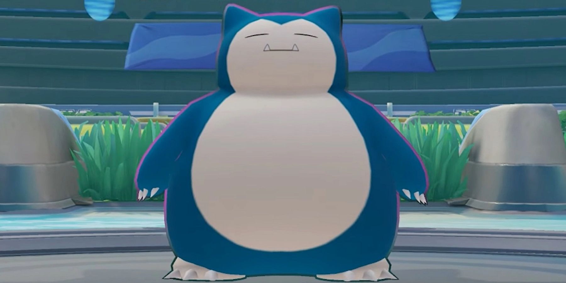 Snorlax looking sleepy in front of some tall grass.