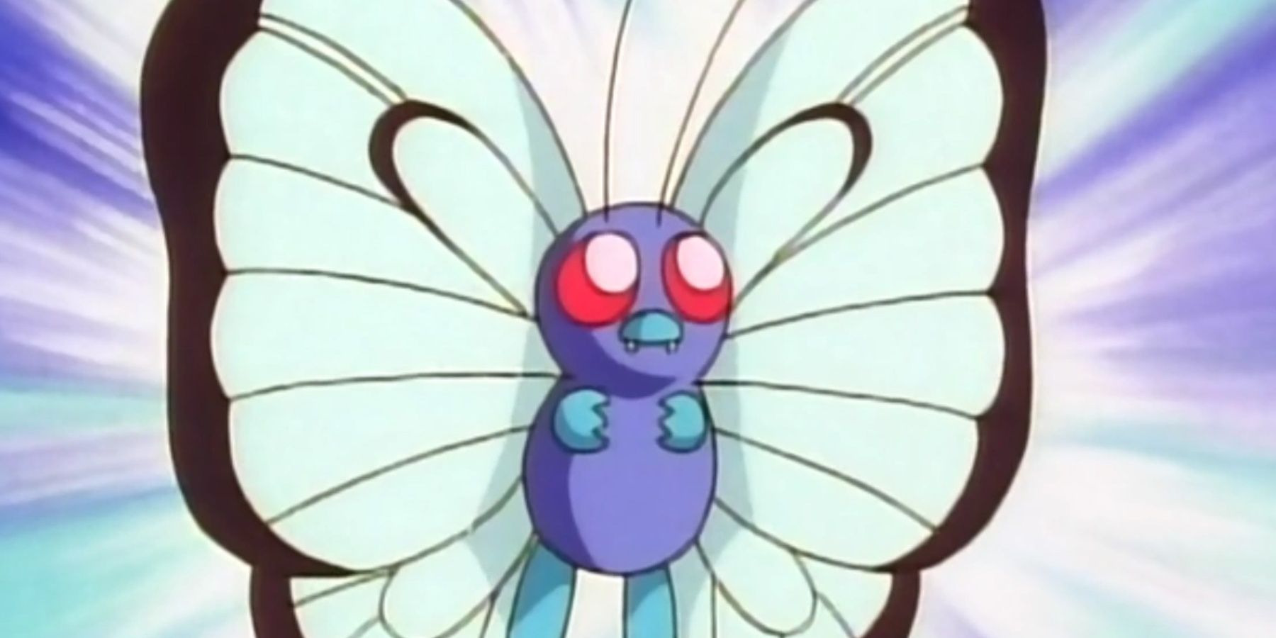 Butterfree looking worried in the Pokemon anime.