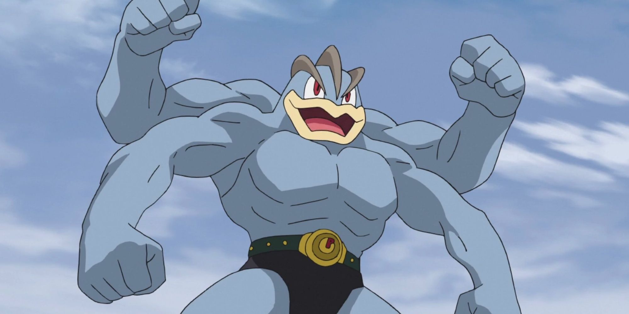 Machamp flexes powerfully with a blue sky behind it.