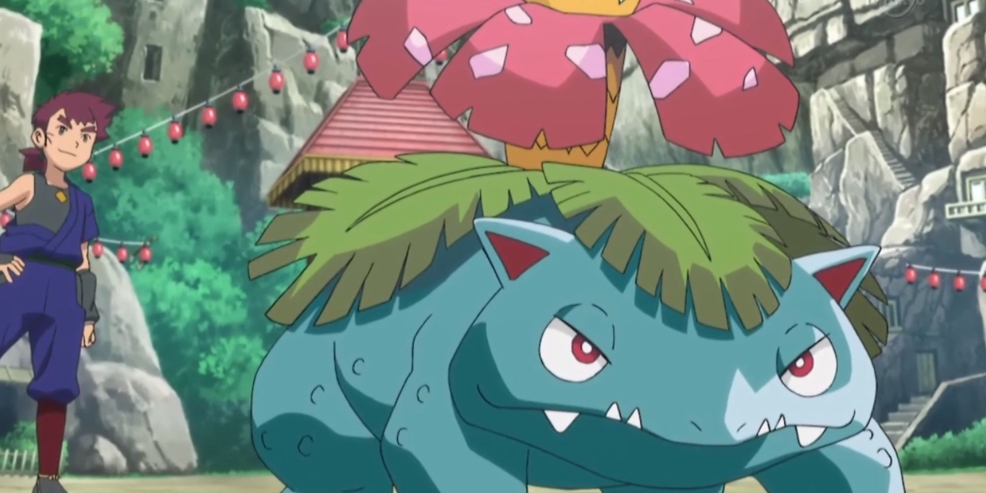 Venusaur prepares for battle with a trainer behind them in the Pokemon Anime.