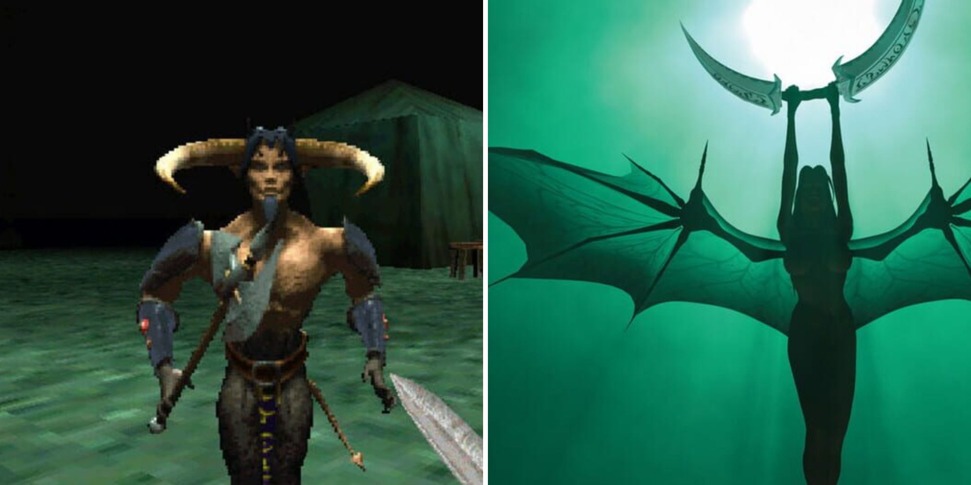 Left - Daedra Lord faces player, Right - Battlespire logo with statue of a Daedra Seducer holding Mehrunes Dagon's crest
