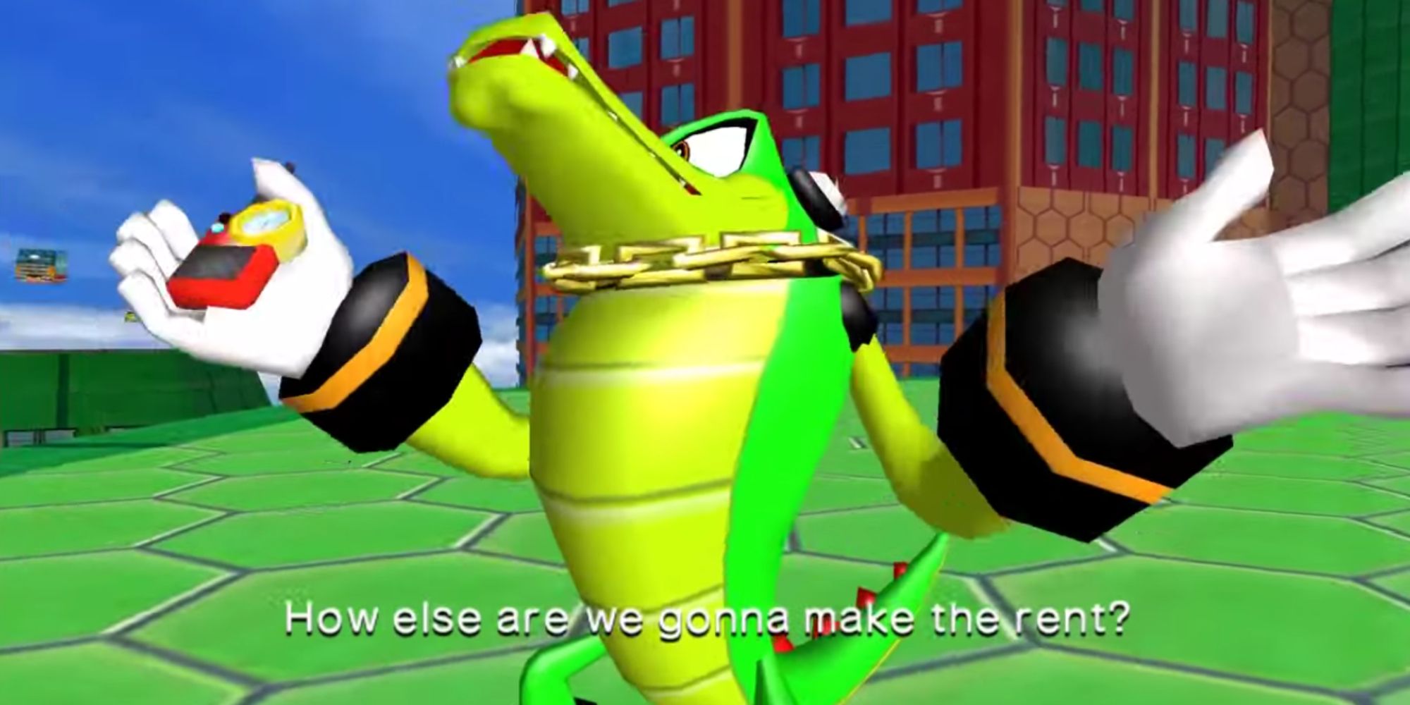 Vector the Crocodile moans about the rent in Sonic Heroes