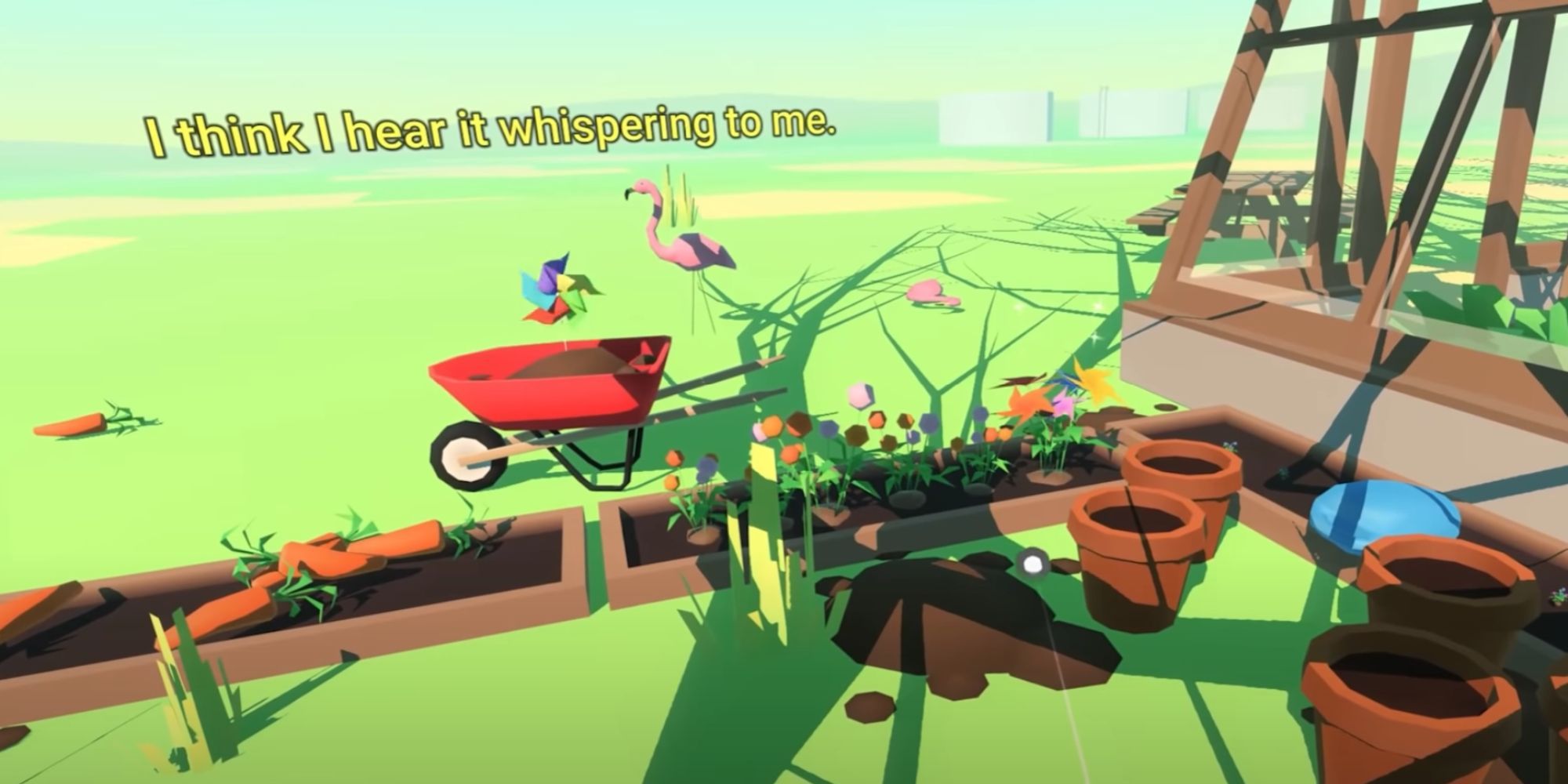 Your character looks over a garden and a red wheelbarrow in the VR game Virtual Virtual Reality