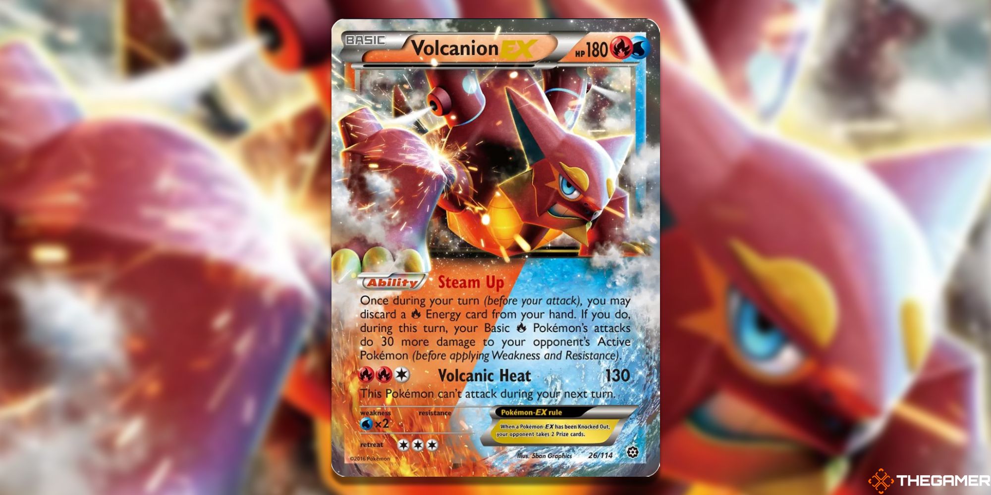 Volcanion-EX from Steam Siege Card Art with blurred background