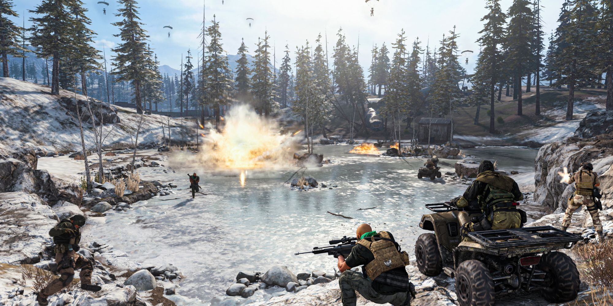 A group of soldiers advance on snowy terrain as an explosion happens near them