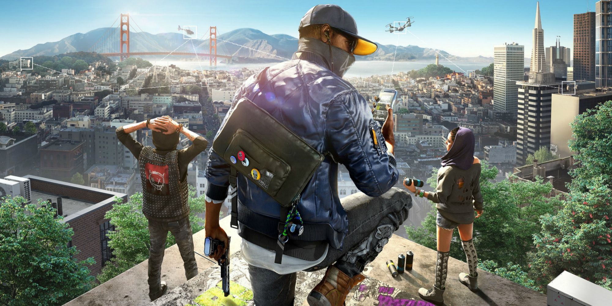 Marcus with DedSec hacker gang, overlooking a vista of San Francisco in Watch Dogs 2