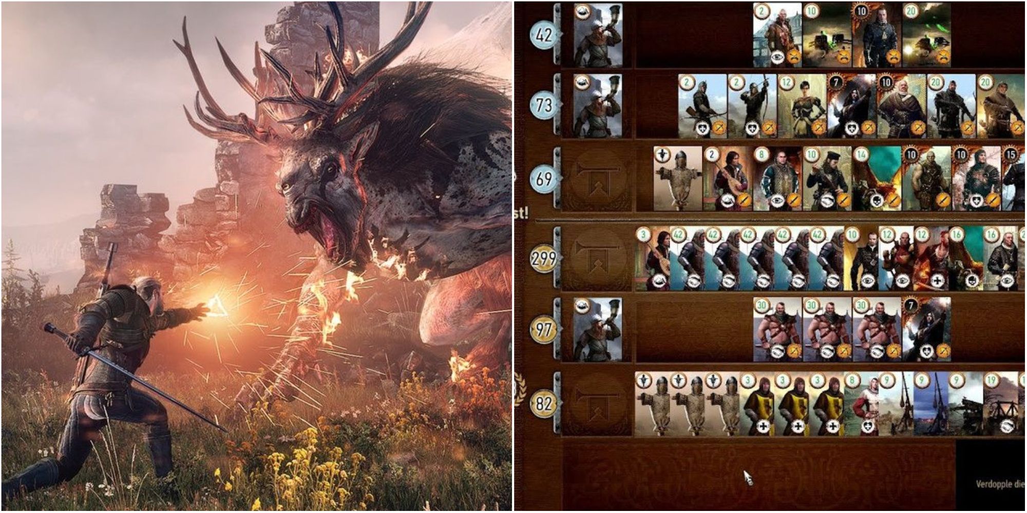 Screenshot collages of gameplay and Gwent in The Witcher 3: Wild Hunt.