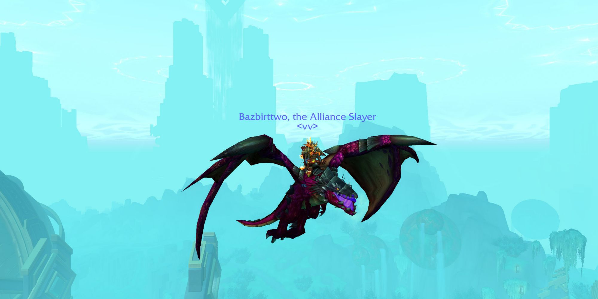 World of Warcraft in-game shot of character atop Violet proto-drake with Zereth Mortis in background