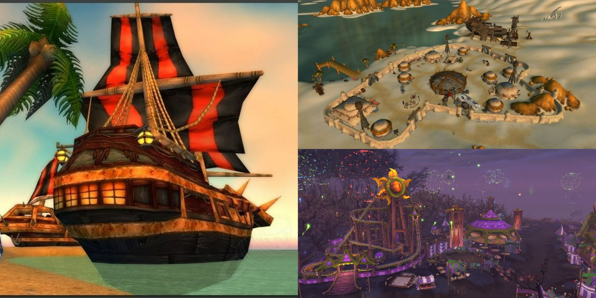 World of Warcraft split image of Bloodsail Buccaneer ship, Gadgetzan, and Darkmoon Faire in-game 