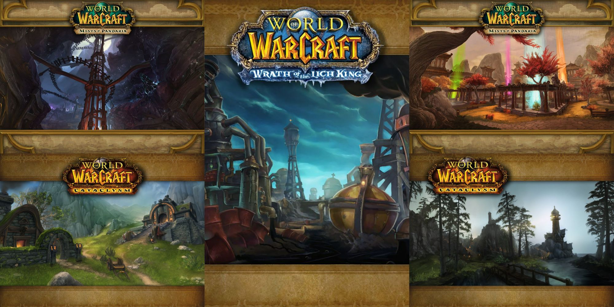 World of Warcraft split image of Silvershard Mines, Twin Peaks, Isle of Conquest, Temple of Kotmogu, and Battle for Gilneas loading screens