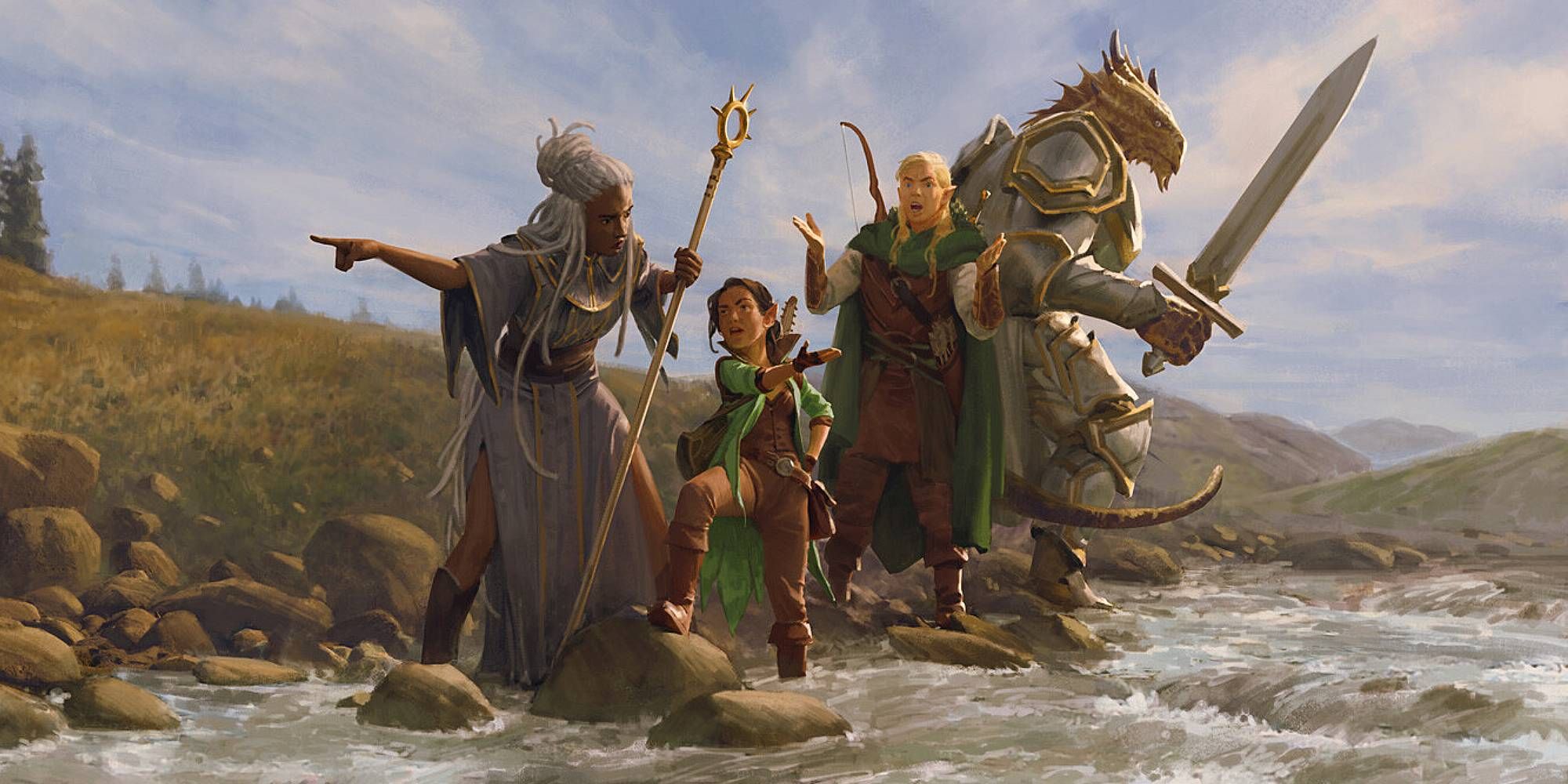 Four humanoid figures, a dark skinned woman with a staff, a short dark haired woman, a blonde elf and a large Dragonborn point in directions at a river