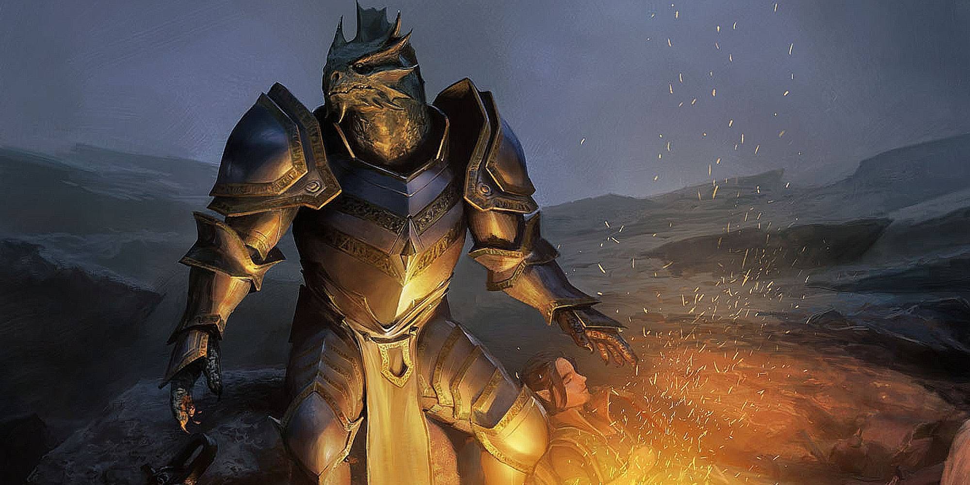 A reptillian humanoid in steel armour looks elsewhere at a campfire