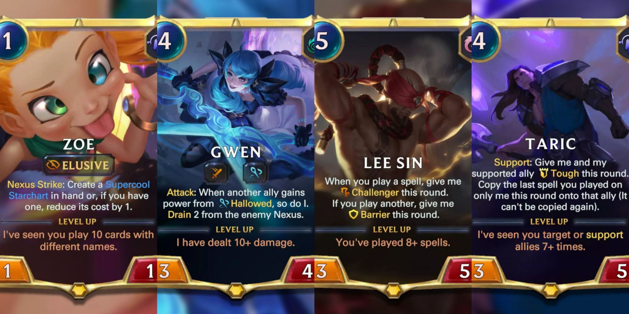 Legends of Runeterra split image of Zoe, Gwen, Lee Sin, Taric LoR rank one cards