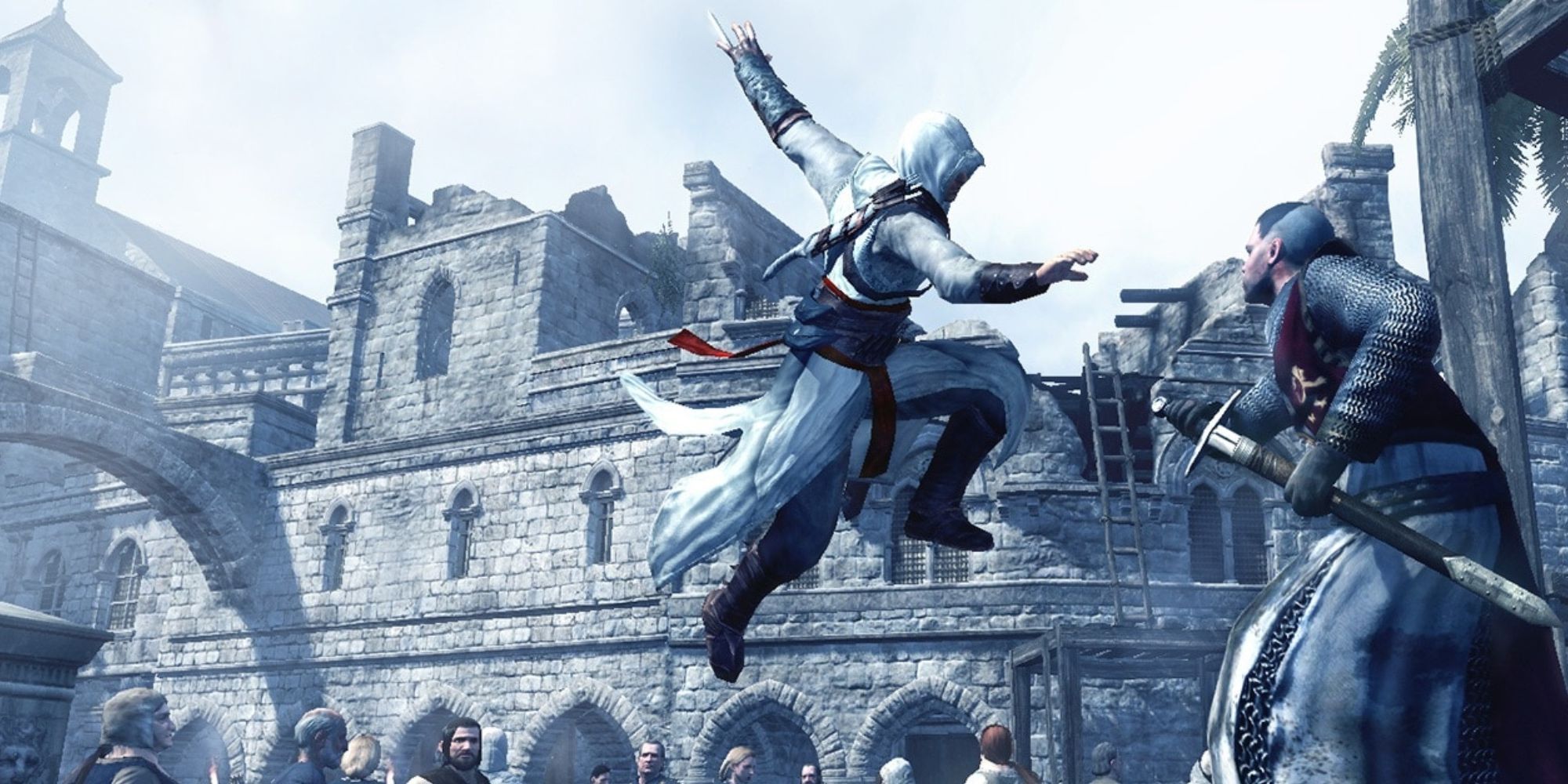 Altair leaping at a knight with his hidden blade drawn