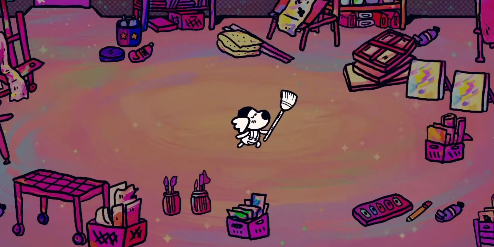 A screenshot from Chicory, showing the player character sweeping their broom while fantasizing about painting the world in a rainbow of colors