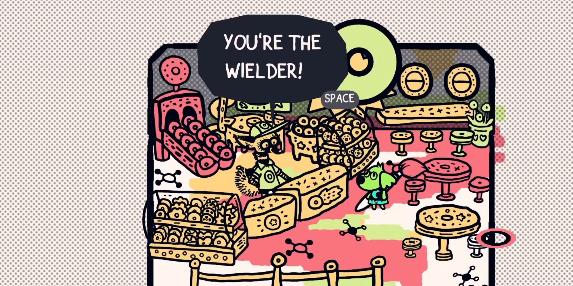 A screenshot from Chicory, showing a bakery employee reacting with excitement upon finding out that the player character is the brush wielder