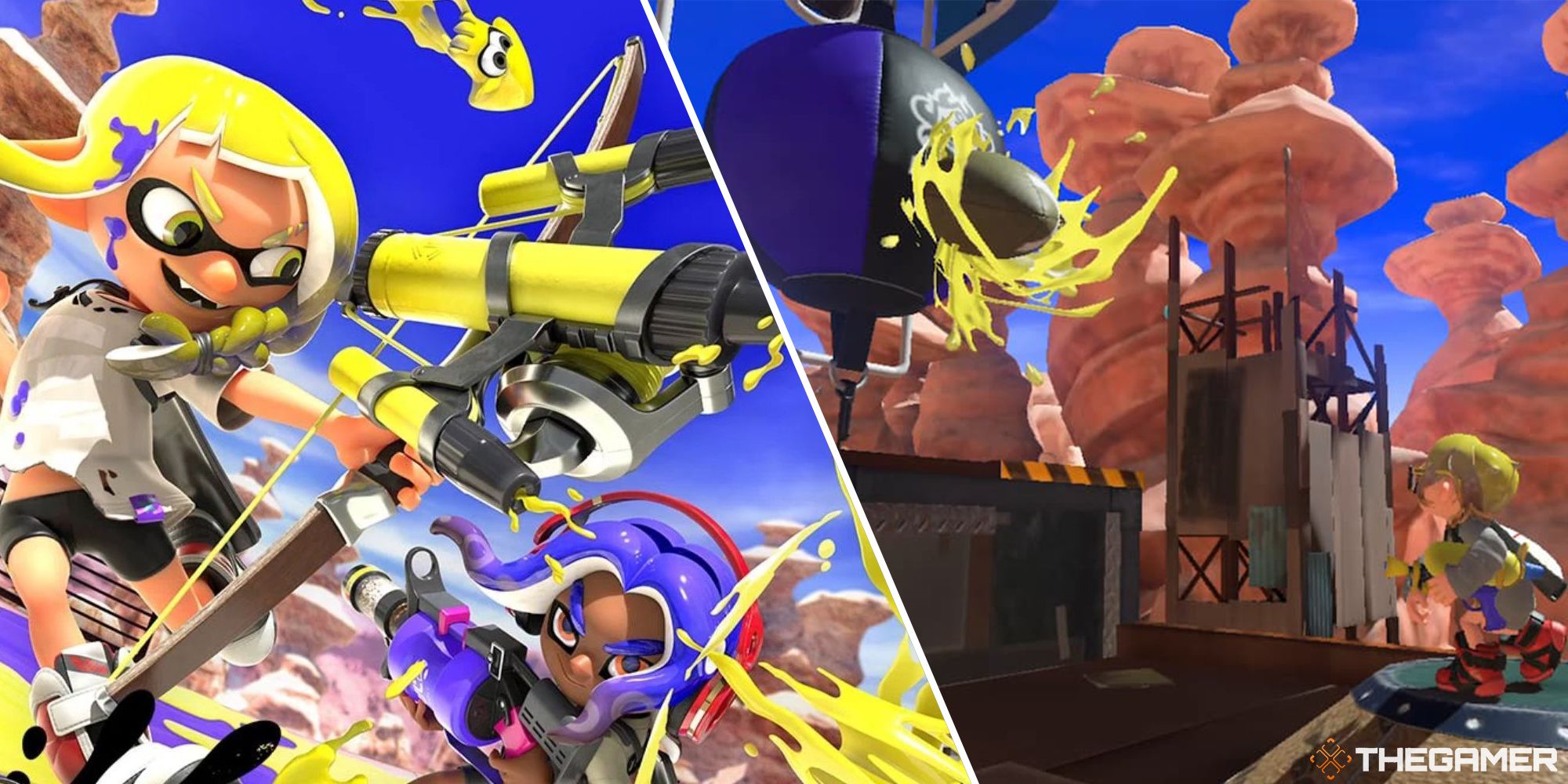 inkling firing splat bow and player throwing power clam into barrier in clam blitz split image