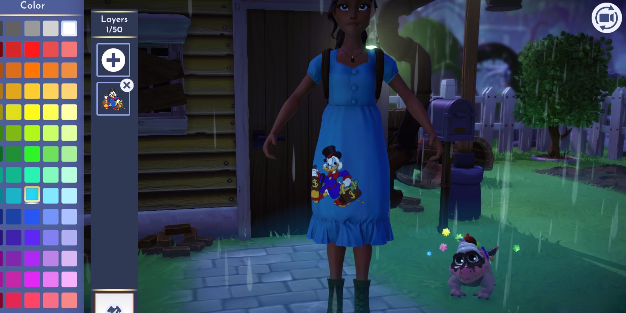 Disney Dreamlight Valley. Creating a dress in the clothes editor. The dress is blue with a print of Scrooge McDuck at the bottom.