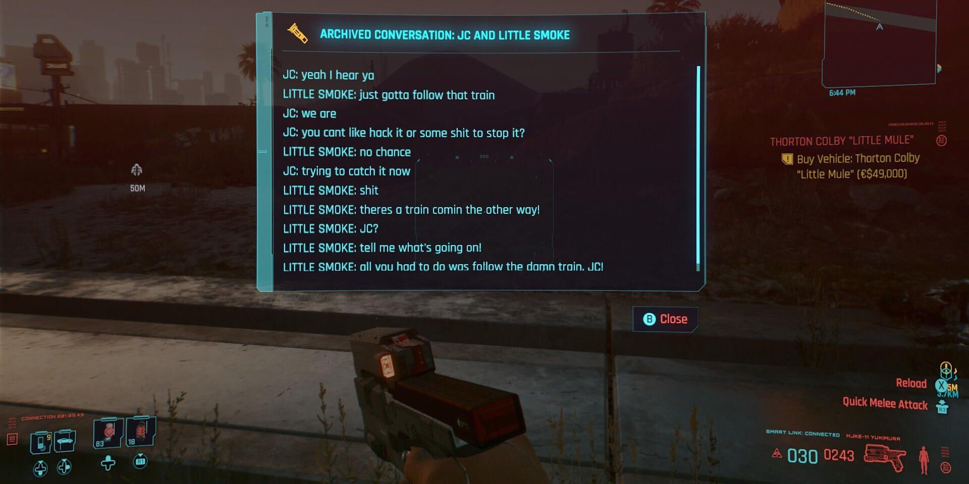 Cyberpunk 2077 screenshot showcasing dialogue between "JC" and "Little Smoke"