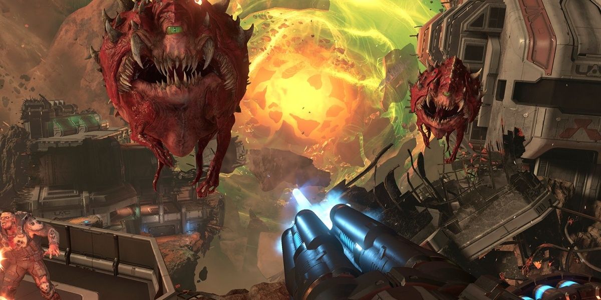 Player facing Cacodemons in Doom Eternal with a vortex shield forming in the background.
