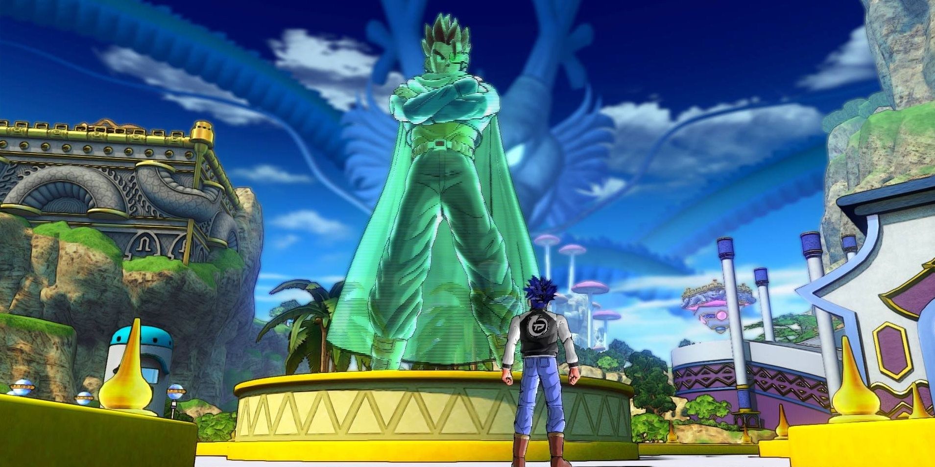 Main character standing in front of xenoverse hero statue