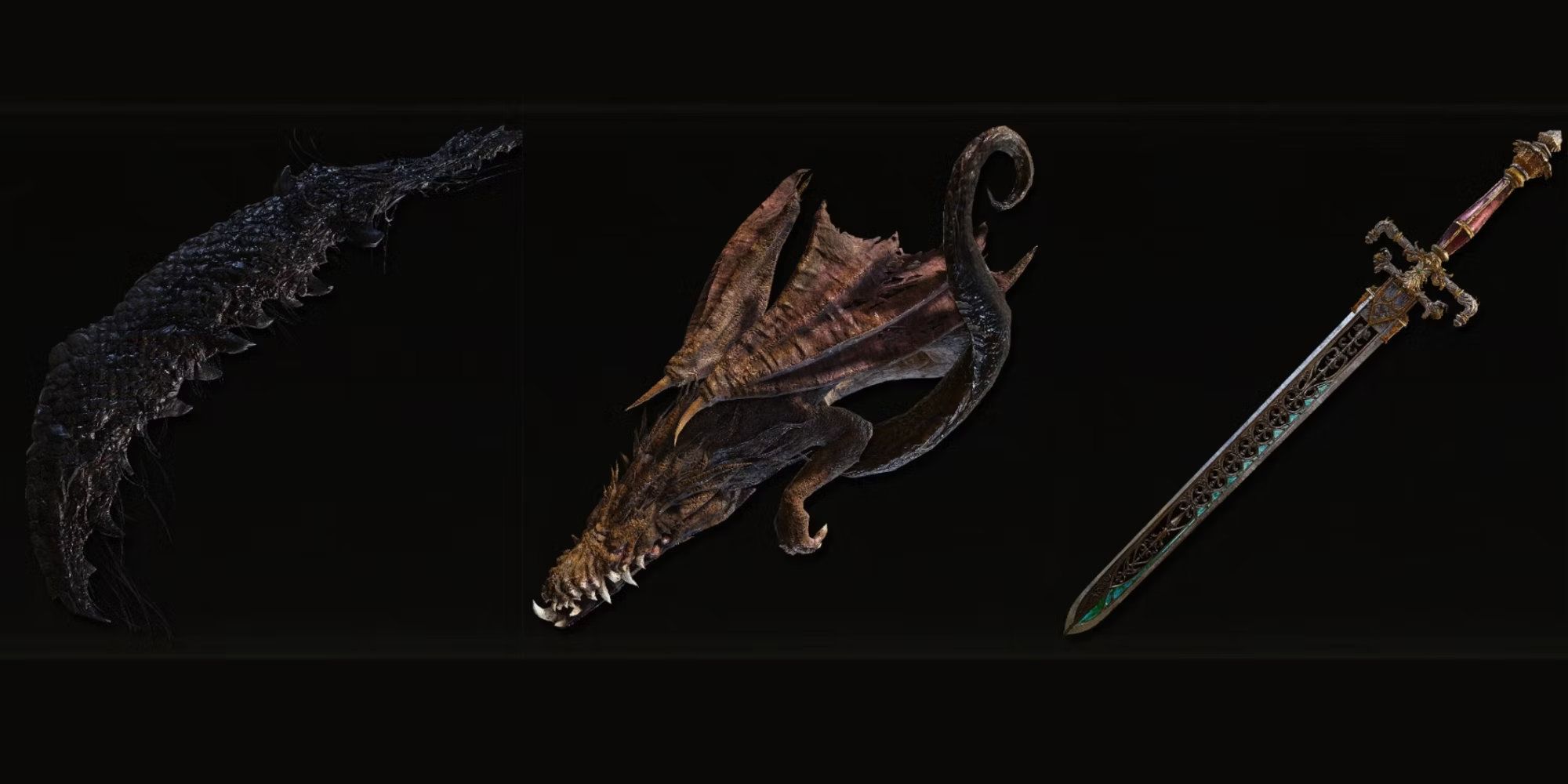 A leathery blade, a small dragon, and an ornate sword on a dark background