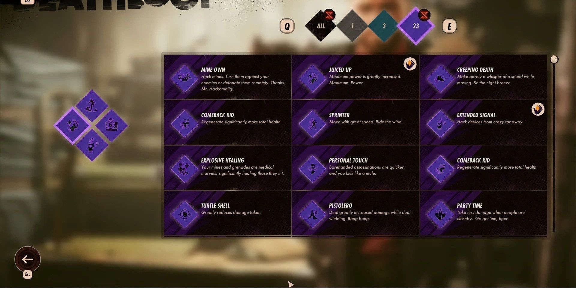 Character trinket selection screen in Deathloop including Personal Touch, Pistolero, and more