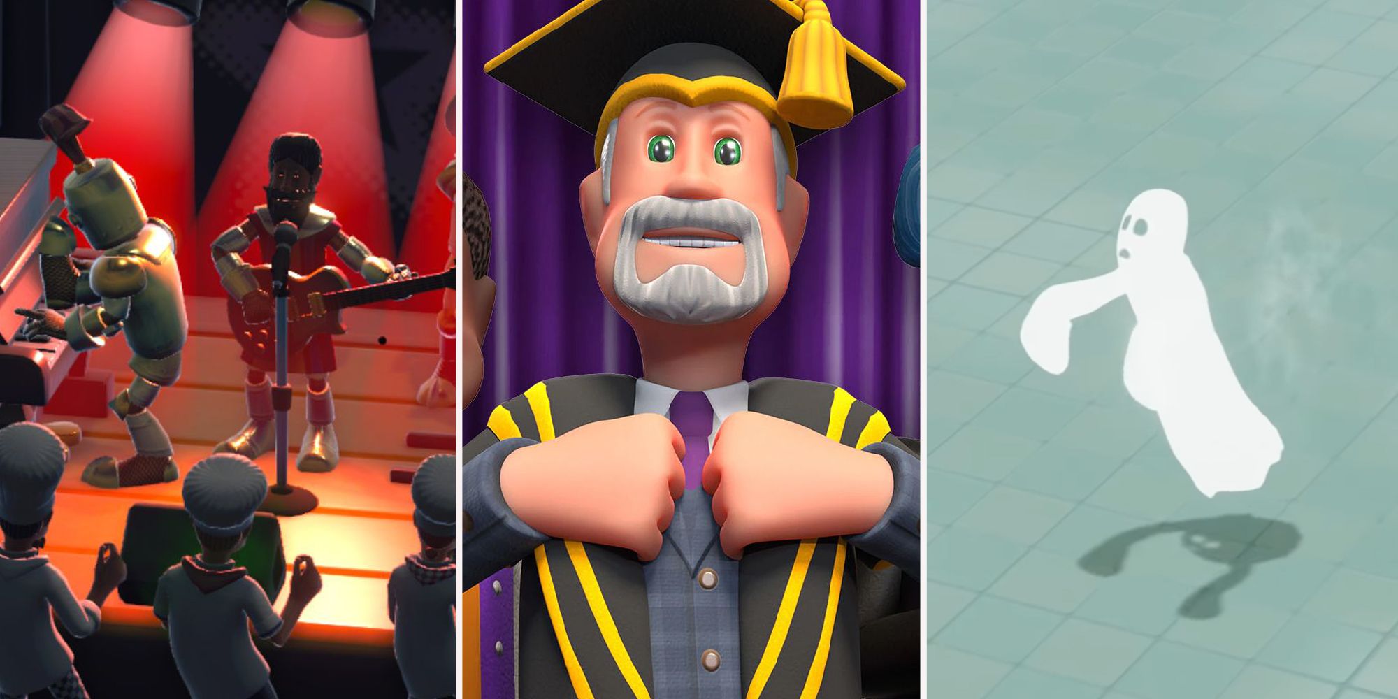 Two Point Campus split image. Boogie Knights gig, game poster, and ghost from Two Point Hospital.