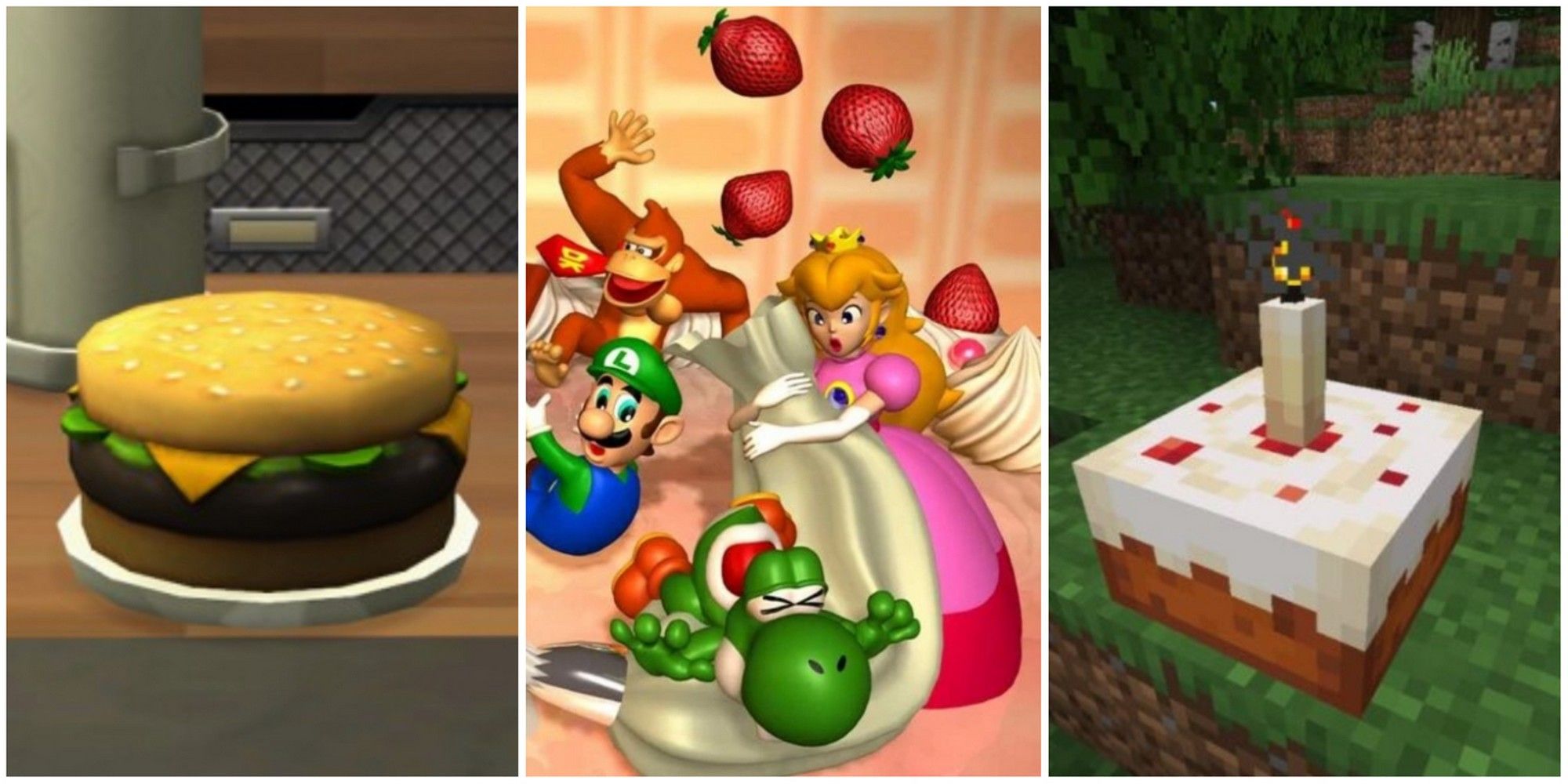 feature cakes in gaming sims hamburger cake peachs birthday cake minecrat candle cake