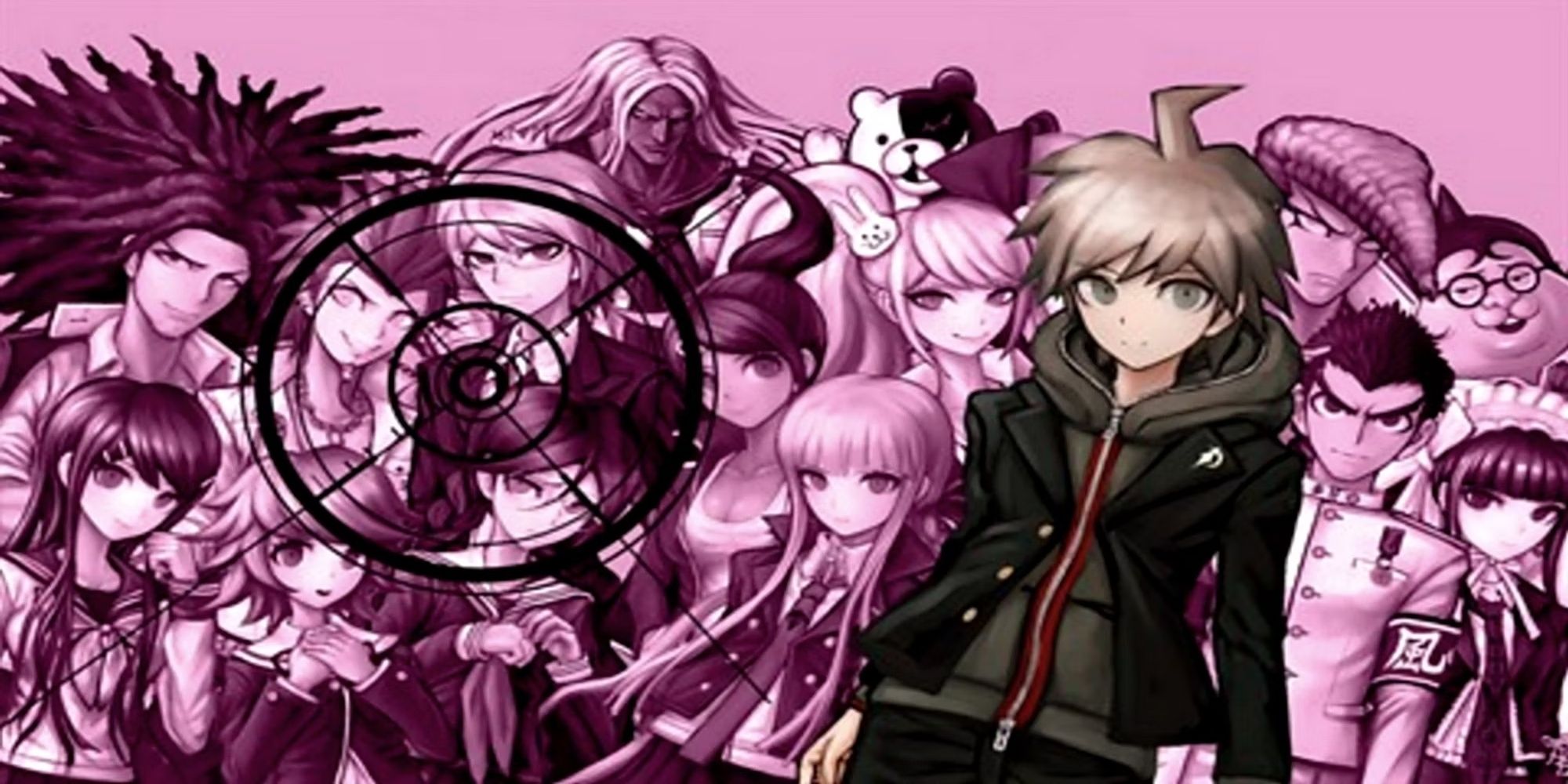 The characters on a pink background.