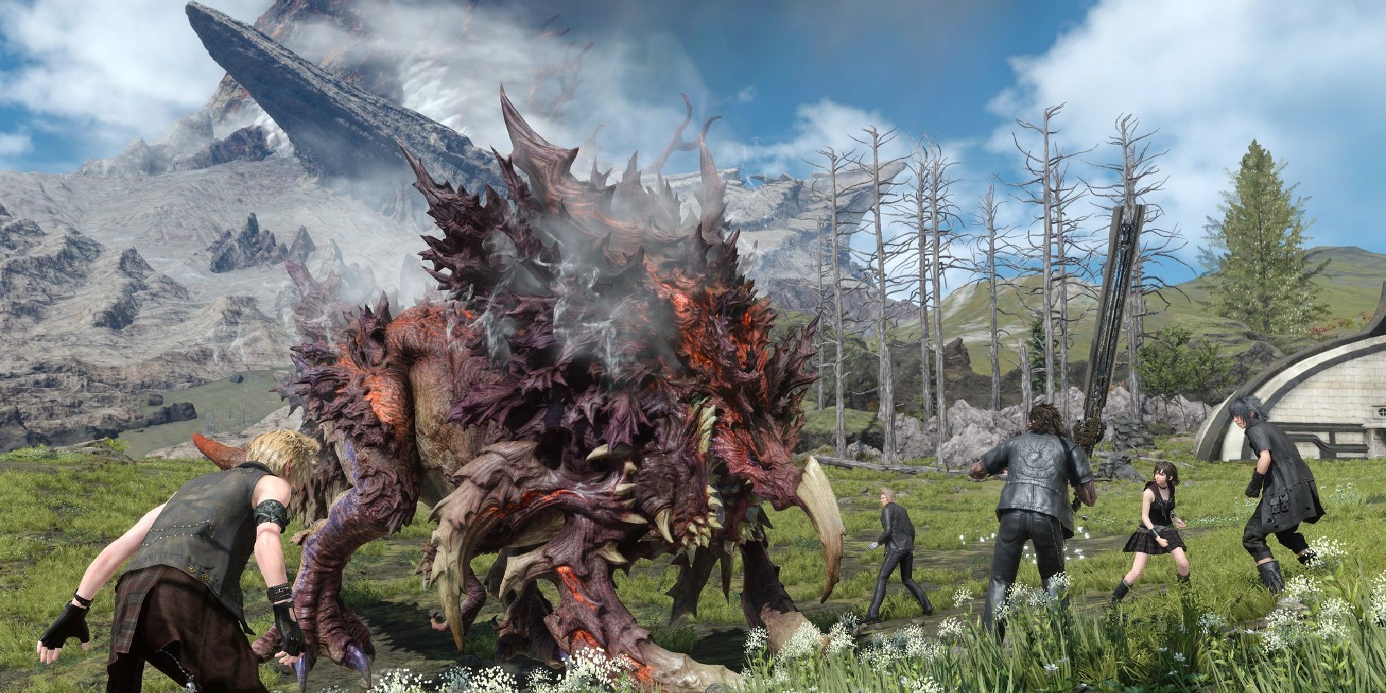 ffxv characters surrounding a creature