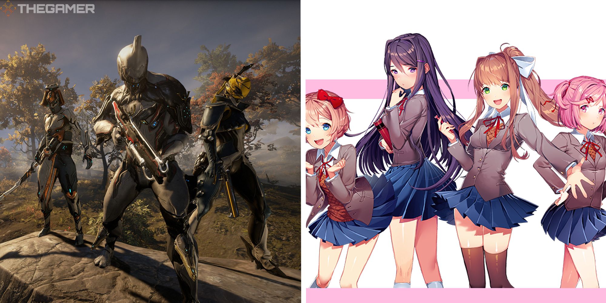 split image with warframe and doki doki literature club