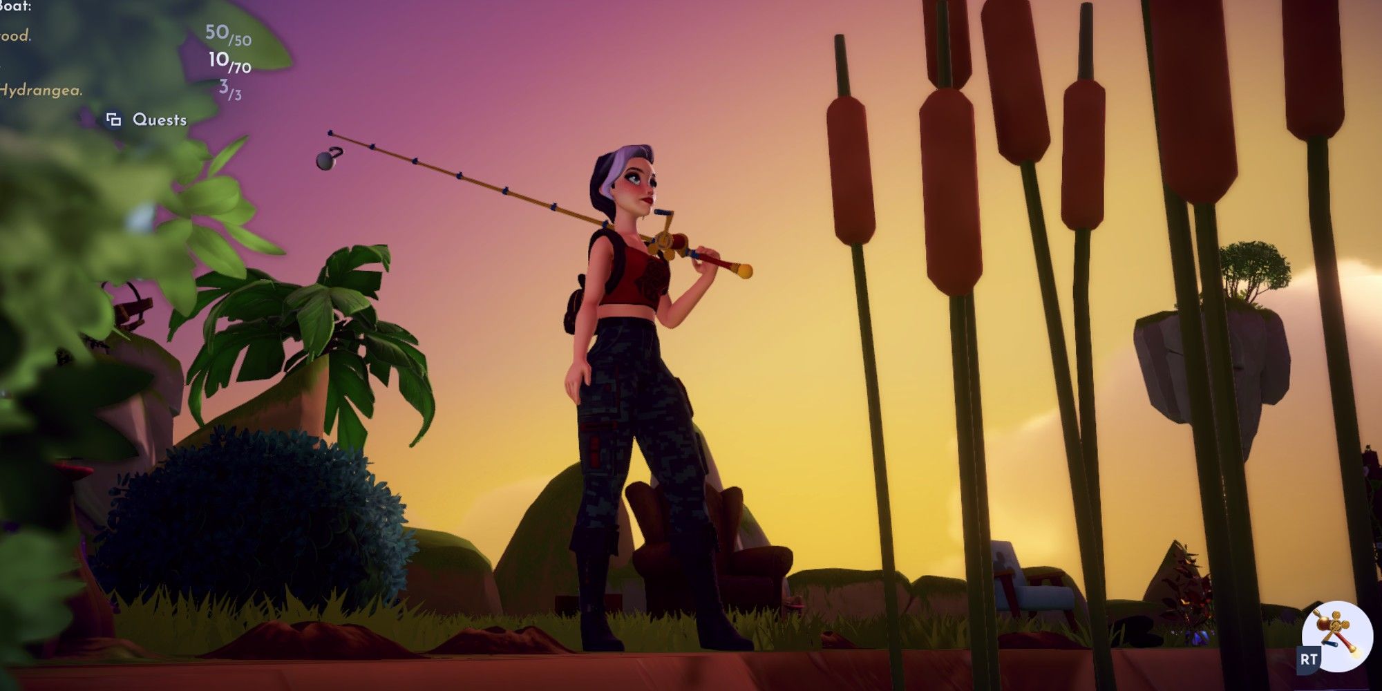 The protagonist wields a fishing rod in Disney Dreamlight Valley