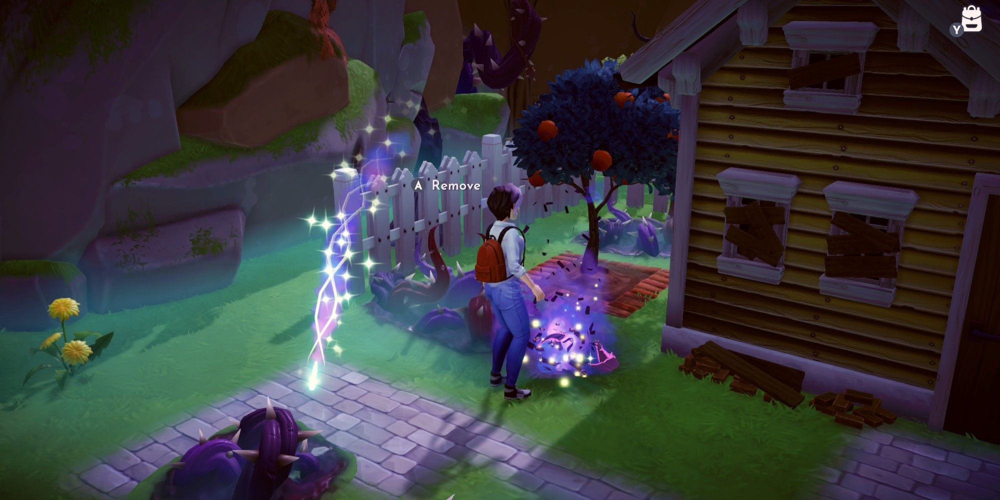 The protagonist removing Night Thorns outside her house in Dreamlight Valley