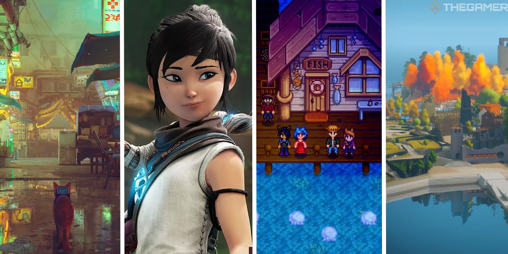 split image from stray, kena, stardew, and the witness