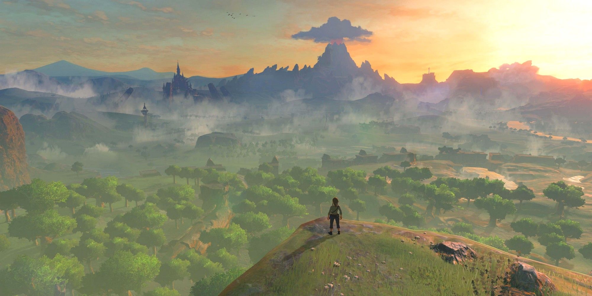 link overlooking hyruke caste and hyrule field and death mountain breath of the wild