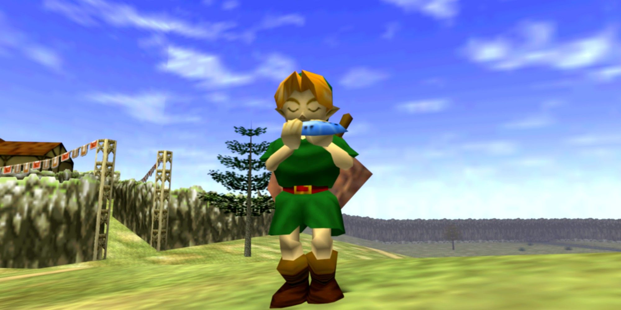 link playing the ocarina of time in hyrule field