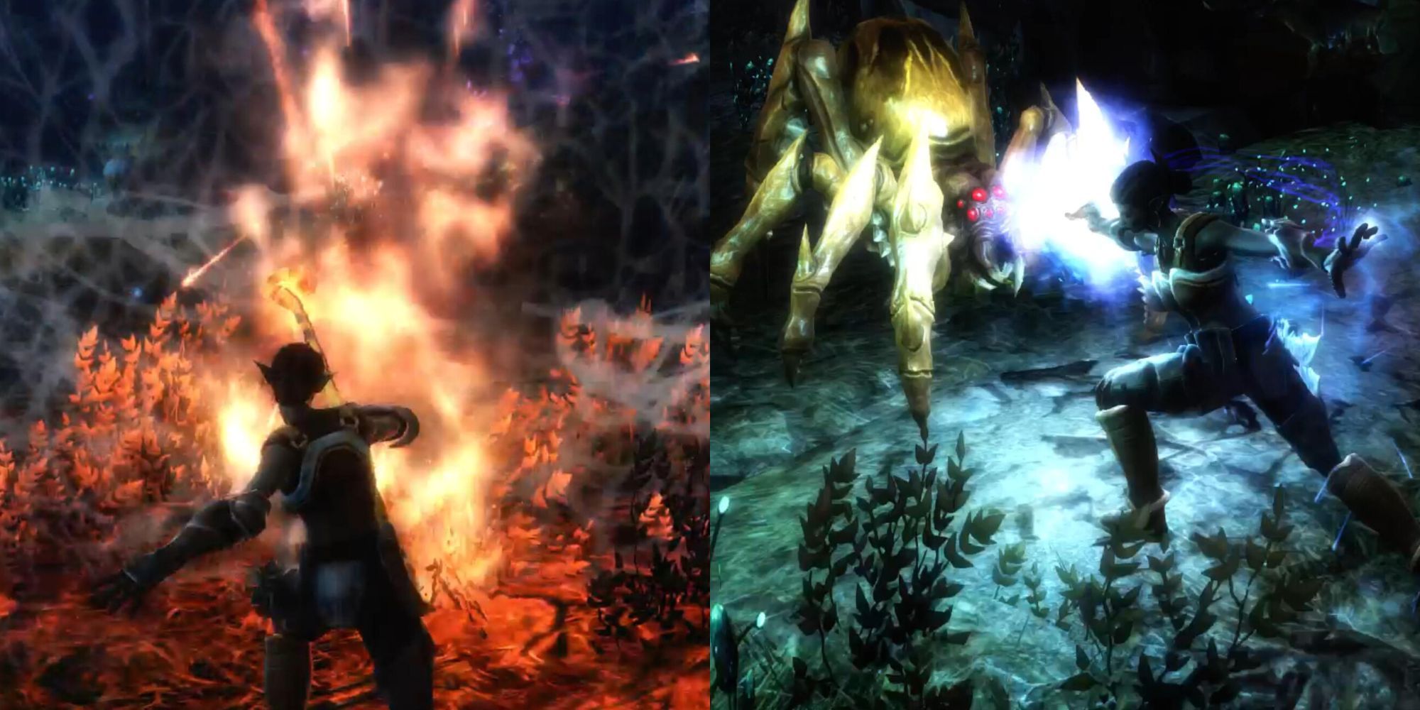 Kingdoms of Amalur might-sorcery. Using fire to burn a web, electrocuting an enemy.