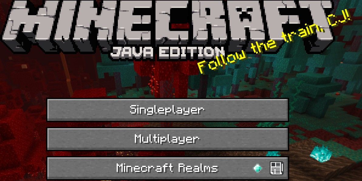 Screenshot of Minecraft's starting screen featuring yellow splash text that reads "Follow the train, CJ!"