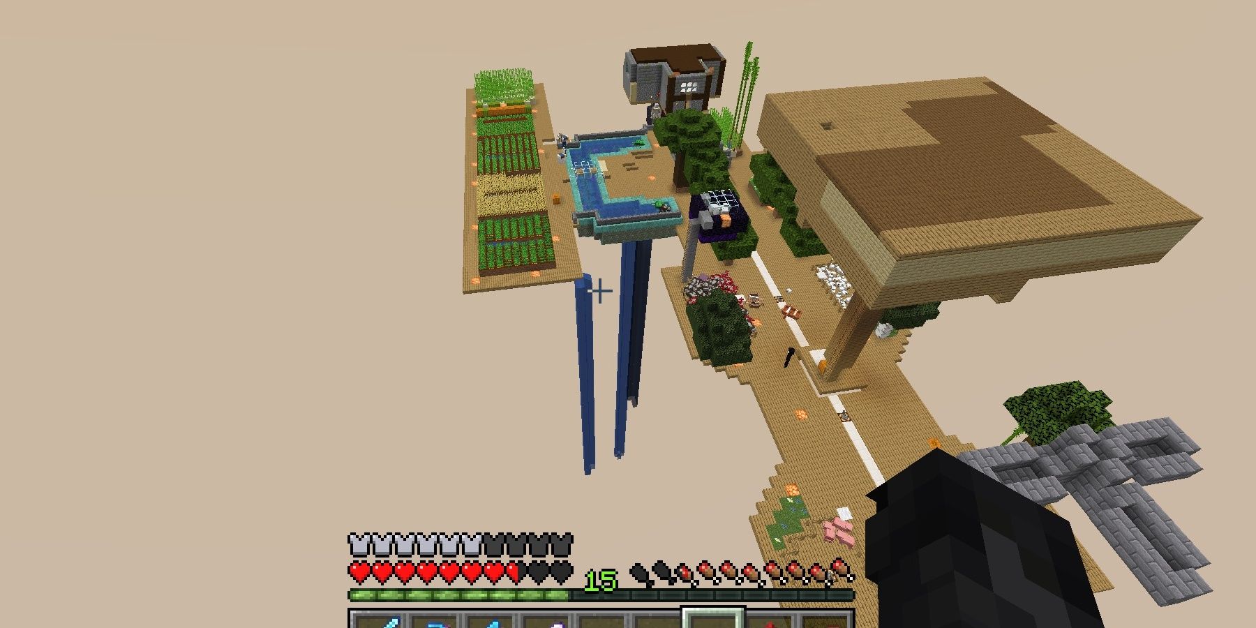 inecraft One Block Skyblock Farms Waterfall Sugar Cane Aerial View